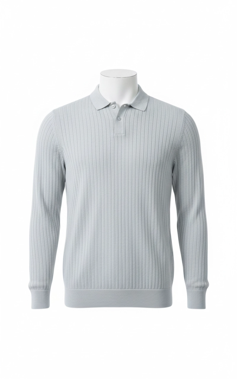 Needle Drop Knitted Full Sleeve Polo 3 Needle Drop Knitted Long Sleeve Polo Sweater - Image 1