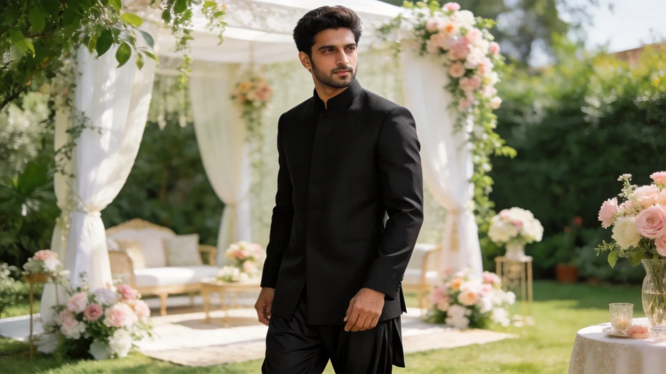 Look 3: Black Shalwar Kameez with Coat and Gold Accents
