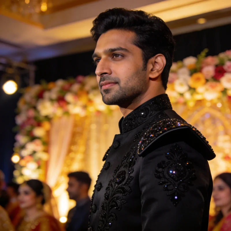 Look 2: Embellished Black Shalwar Kameez with Coat for Baraat