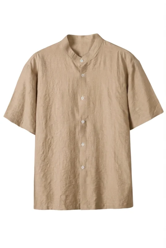 Band Collar Short-Sleeve Shirt Sand
