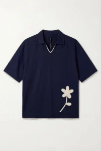 Crochet Floral Polo Shirt Navy