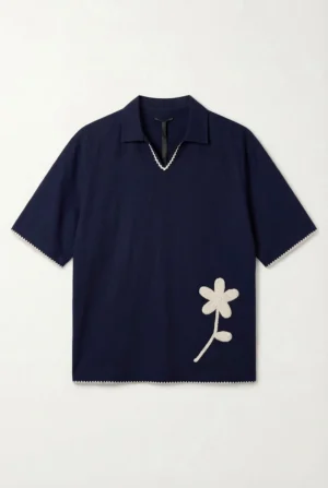 Crochet Floral Polo Shirt Navy