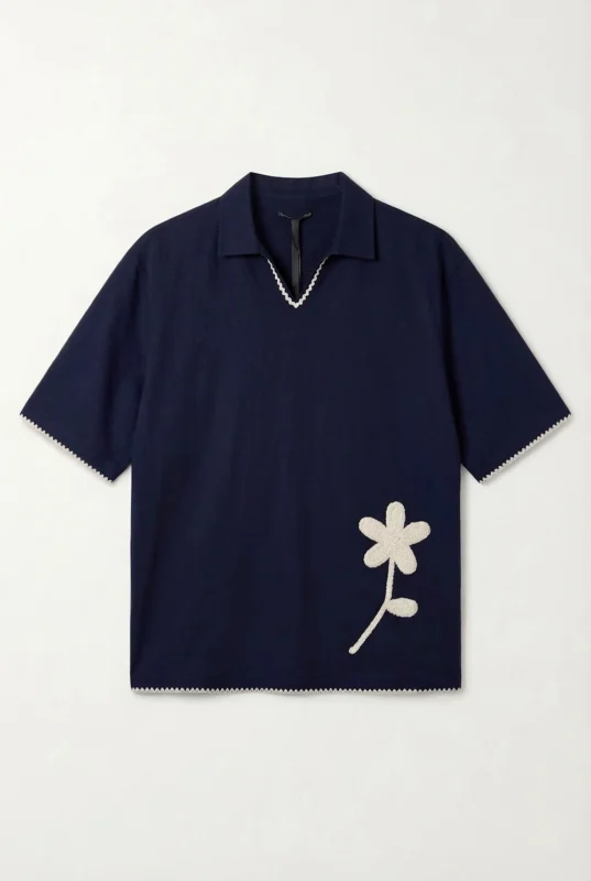 Crochet Floral Polo Shirt Navy