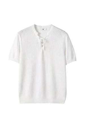 Lace-Up Ribbed Knit Tee Cancoli Cream