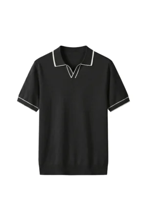 Open Collar Knit Polo Black