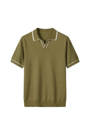 Open Collar Knit Polo Olive