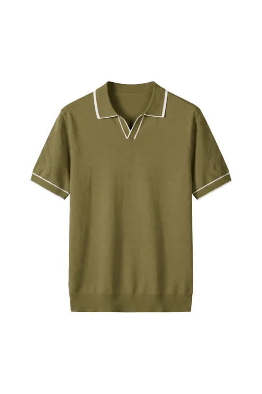 Open Collar Knit Polo Olive