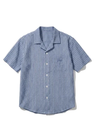 Seersucker Stripe Camp Shirt Steel Blue