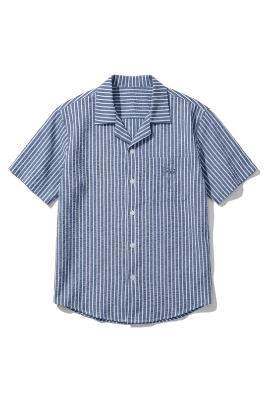 Seersucker Stripe Camp Shirt Steel Blue