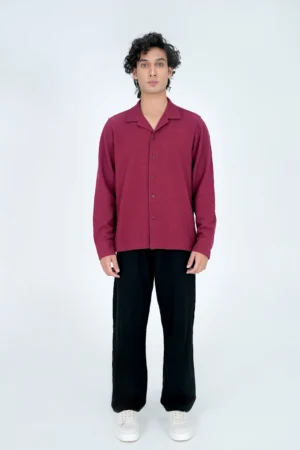 Slub Jersey Camp Collar Shirt Burgundy Model 1